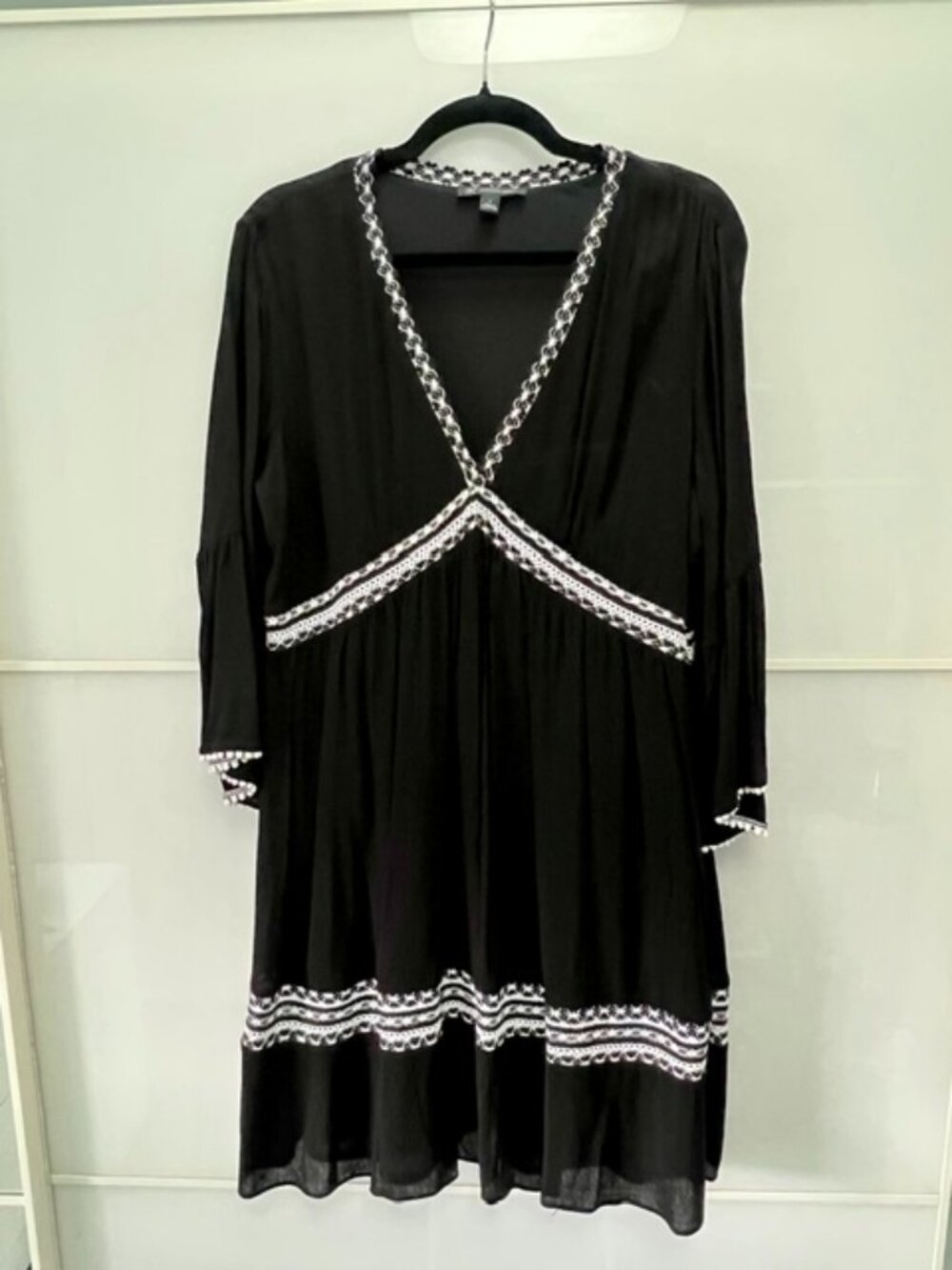 INC International Concepts L Black Boho Embroidered Shift Dress Bell Sleeve